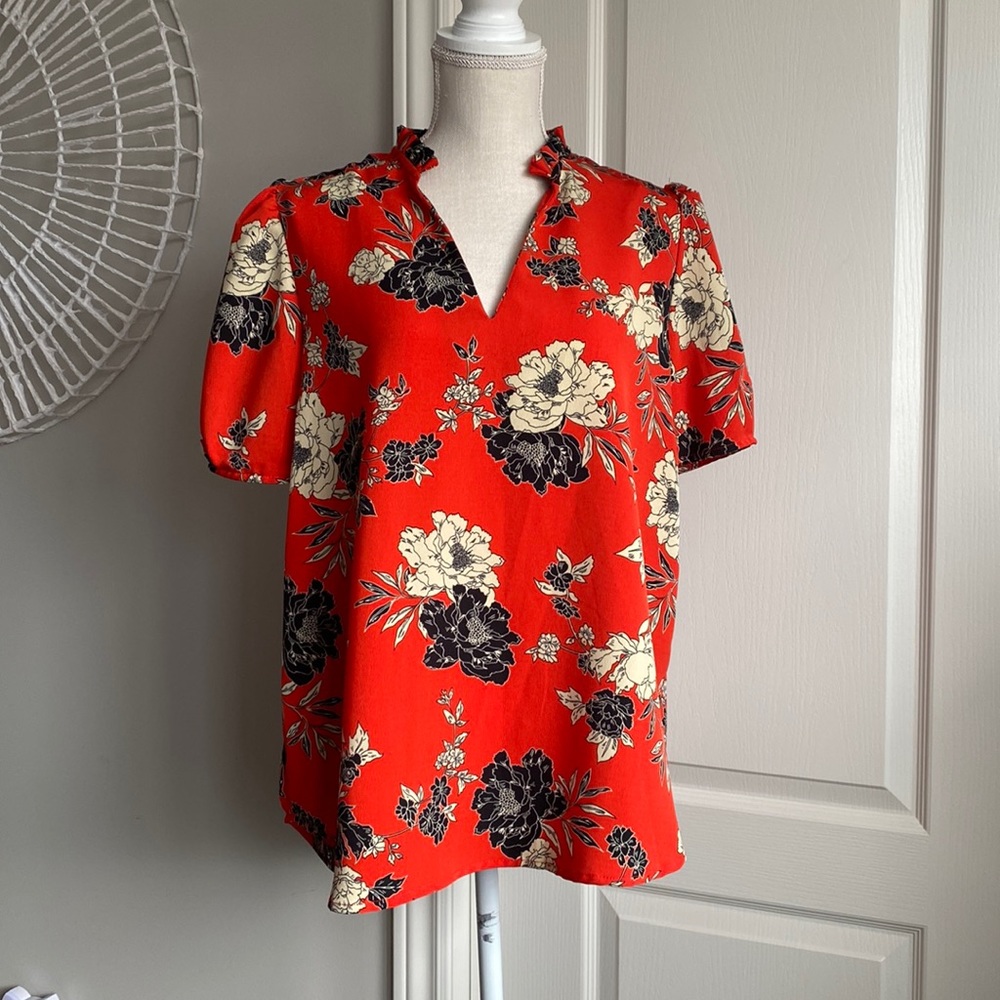 Mandee - Tomato Red Blouse with Black & White Floral Design